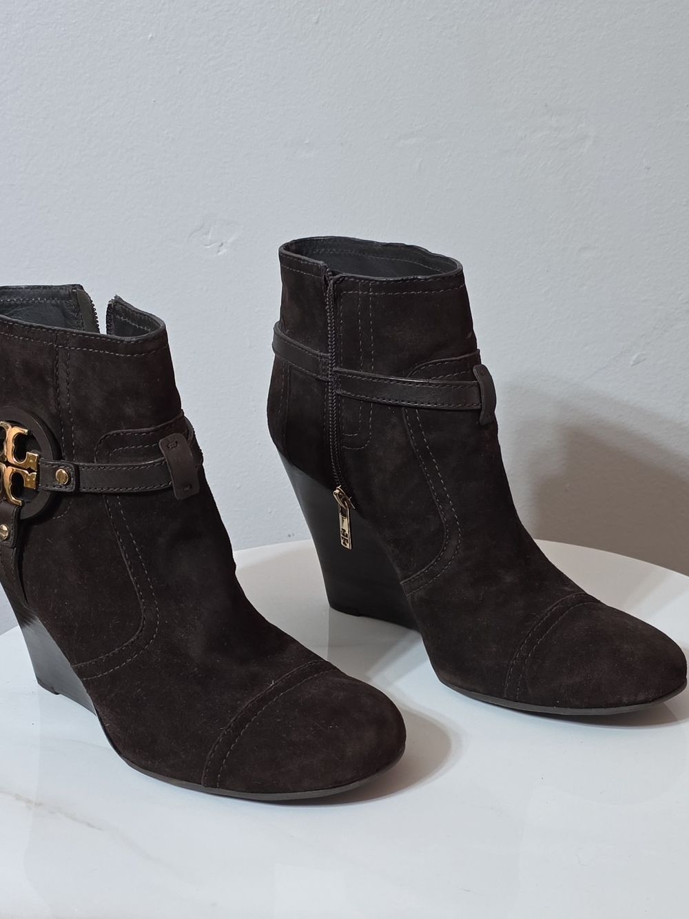 Suede Wedge Ankle Boots in Dark Brown - Designer Style